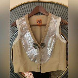 TORY BURCH
Metallic Leather Bolero Vest with Front Tie